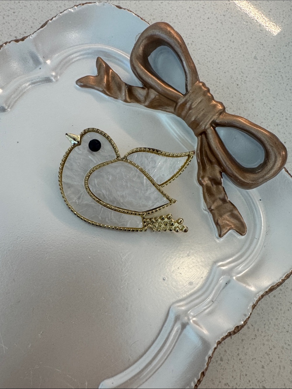 5/22 Pearlescent White Bird Brooch with Gold Trim